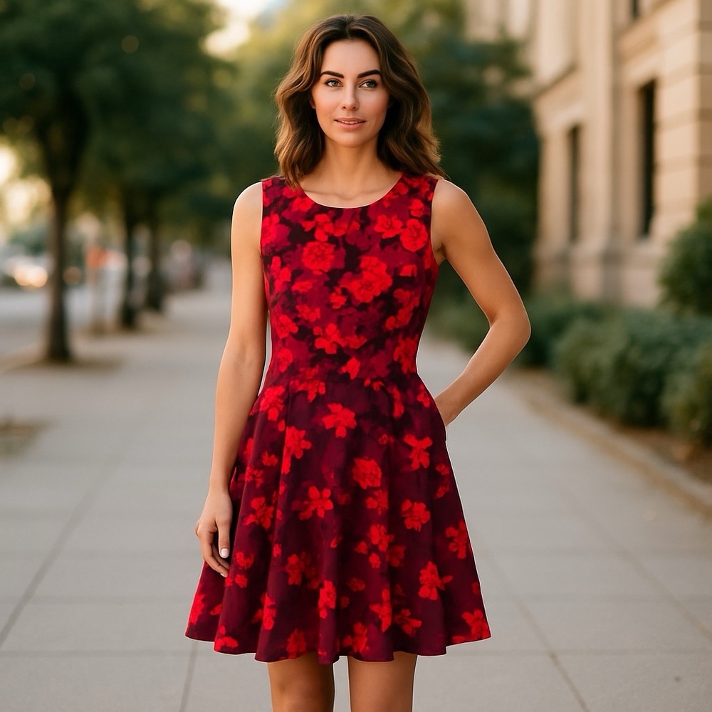 Red and Black Fit and Flare Mini Dress for Wedding Guest